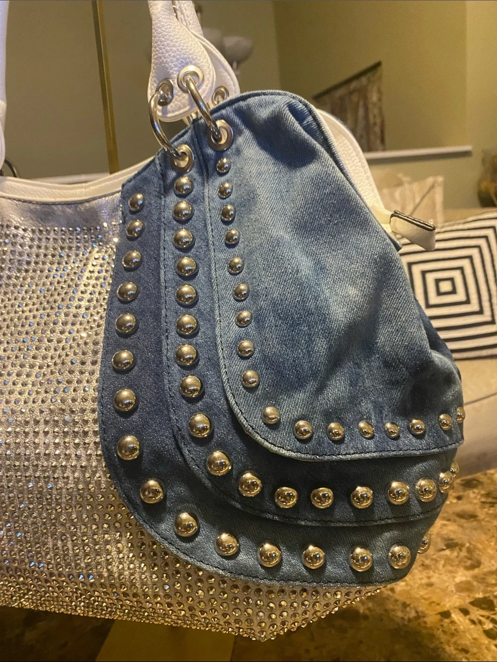 Studded Blue & White Shoulder Bag with Crystal Front